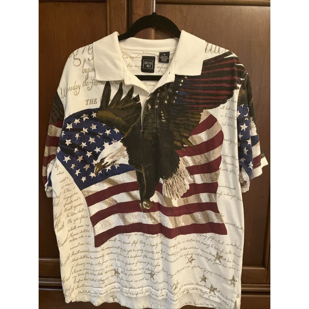 Junction West Mens‎ American Flag Eagle Constitution Print Polo Shirt Medium USA